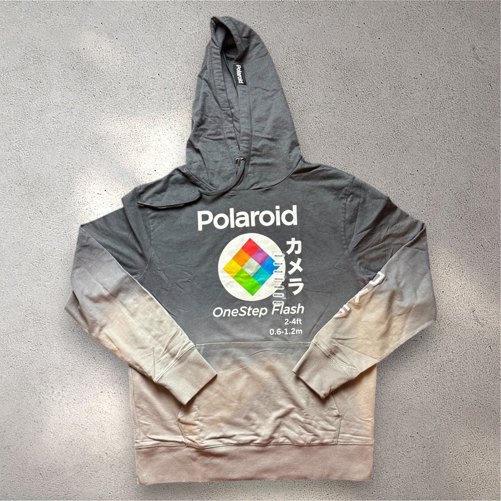 Polaroid OneStep Flash Ombre Hoodie Mens Medium Grey Dip Dye Graphic Sweatshirt